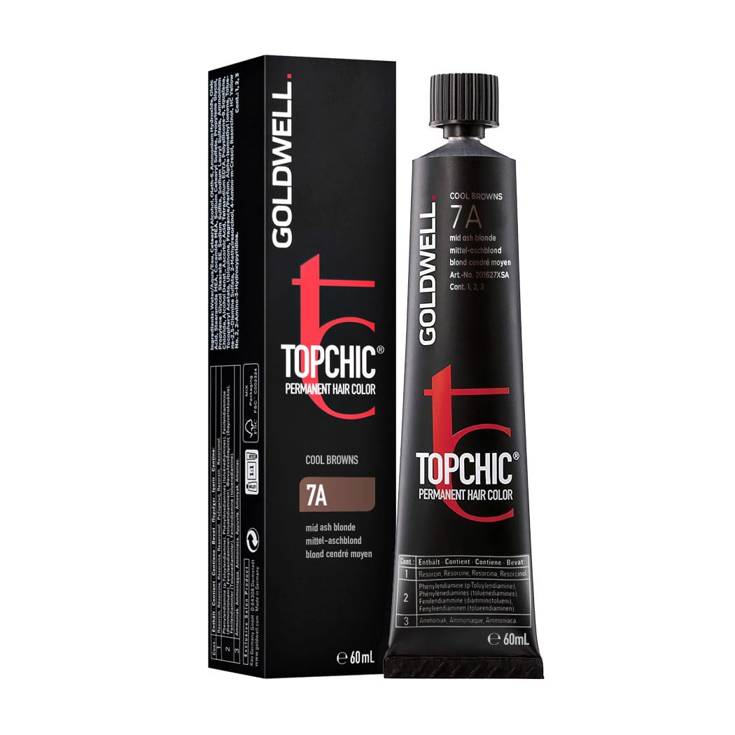 Стійка професійна фарба для волосся Goldwell Topchic Permanent Hair Color 7A Mid Ash Blonde, 60 мл